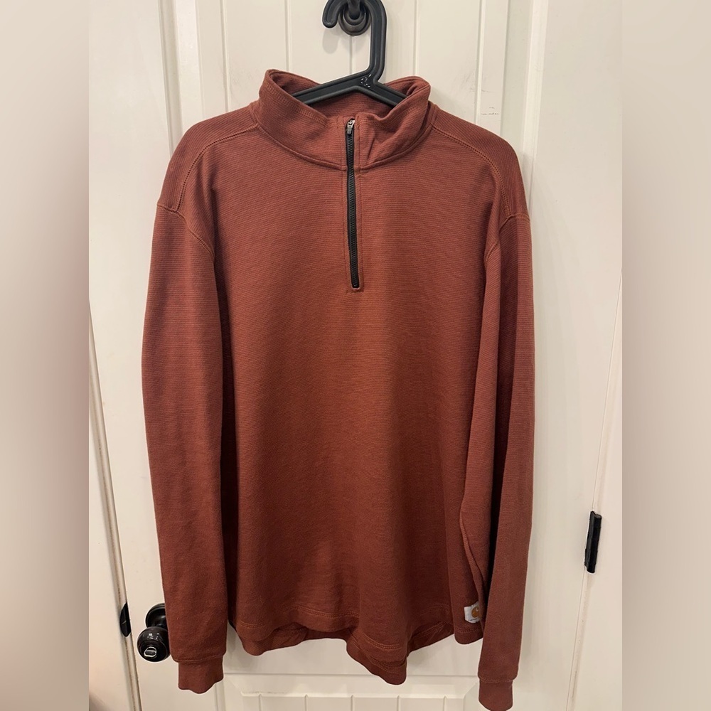 Carhartt Men’s Size Large Quarter Zip Pullover Rust Orange Red Ribbed Knit GUC